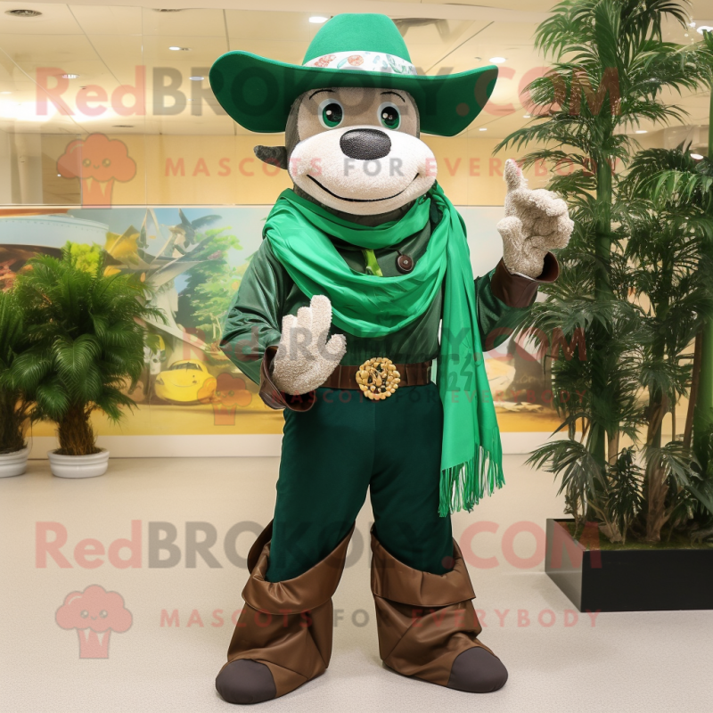 Forest Green Cowboy mascot costume character dressed with a Jumpsuit and Scarves