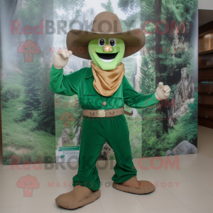 Forest Green Cowboy mascot costume character dressed with a Jumpsuit and Scarves