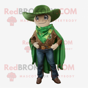 Forest Green Cowboy mascot costume character dressed with a Jumpsuit and Scarves