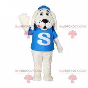Bílý psí maskot s modrým tričkem - Redbrokoly.com