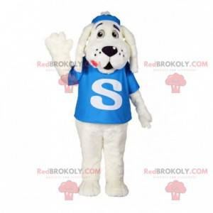 Mascote cachorro branco com camiseta azul - Redbrokoly.com