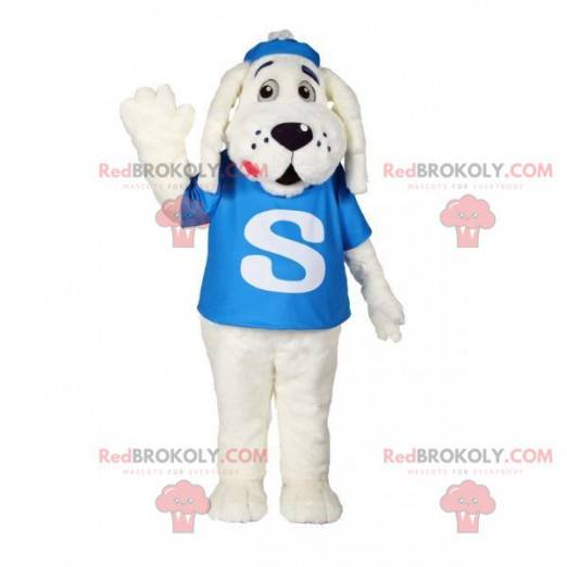 Biała maskotka pies z niebieską koszulką - Redbrokoly.com