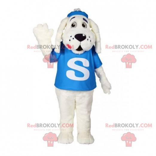 Weißes Hundemaskottchen mit einem blauen T-Shirt -