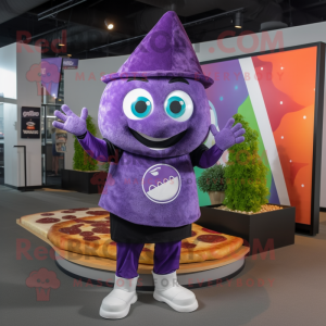 Purple Pizza Slice mascot costume character dressed with a Shorts and Beanies