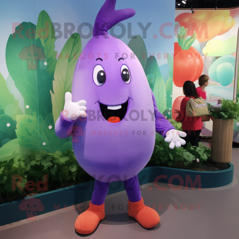 Lavender Radish mascot costume character dressed with a Leggings and Wallets