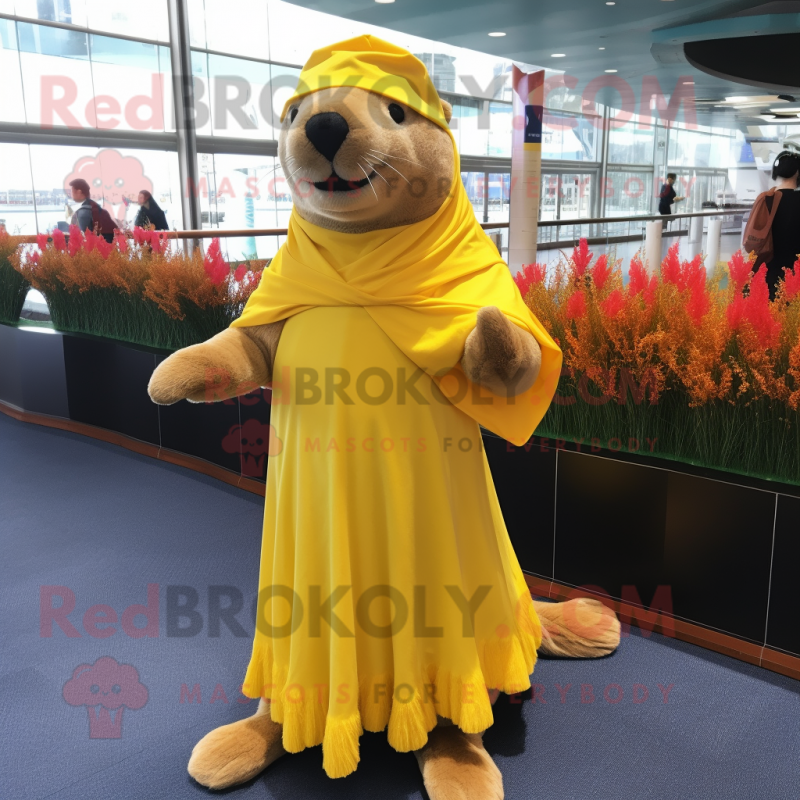 Yellow Sea Lion mascot costume character dressed with a Skirt and Mittens