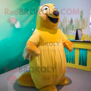 Yellow Sea Lion mascot costume character dressed with a Skirt and Mittens