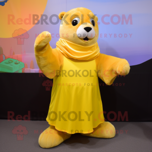 Yellow Sea Lion mascot costume character dressed with a Skirt and Mittens