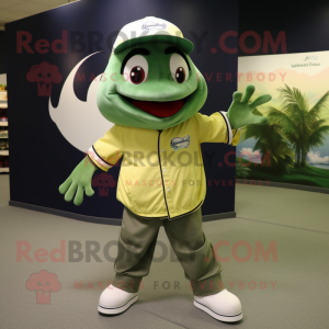 Olive Barracuda mascot costume character dressed with a Oxford Shirt and Caps