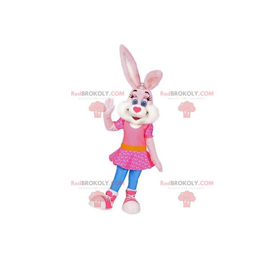 Mascote coelho rosa e branco com um vestido rosa -