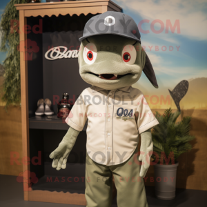 Olive Barracuda mascot costume character dressed with a Oxford Shirt and Caps