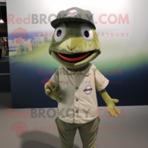 Olive Barracuda mascot costume character dressed with a Oxford Shirt and Caps