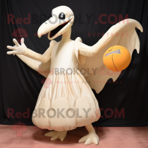 Cream Pterodactyl mascot costume character dressed with a Ball Gown and Foot pads