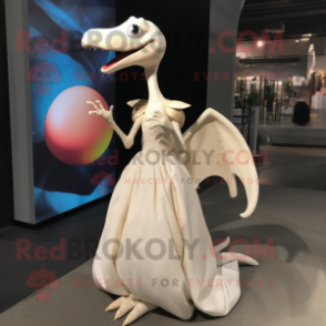 Cream Pterodactyl mascot costume character dressed with a Ball Gown and Foot pads