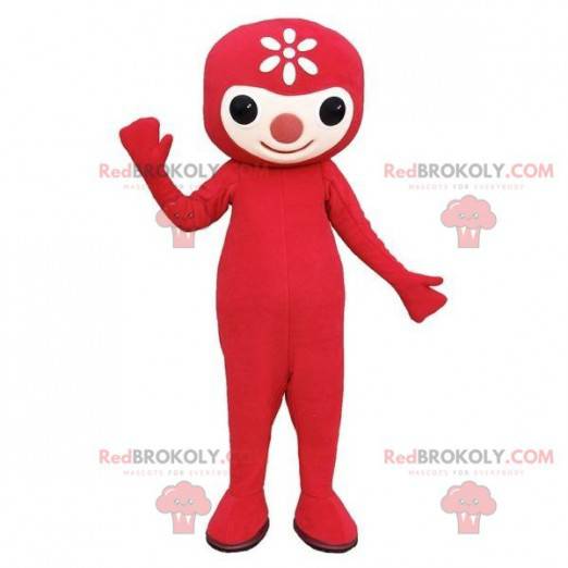 Mascote do boneco de neve vermelho com uma flor na cabeça -