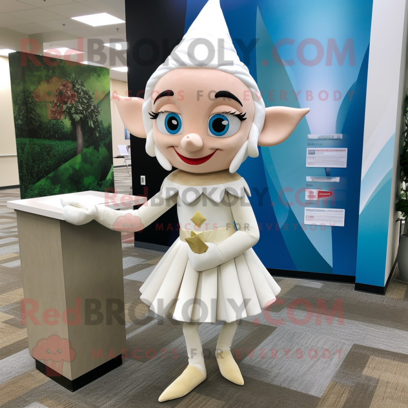 White Elf mascot costume character dressed with a Pencil Skirt and Earrings