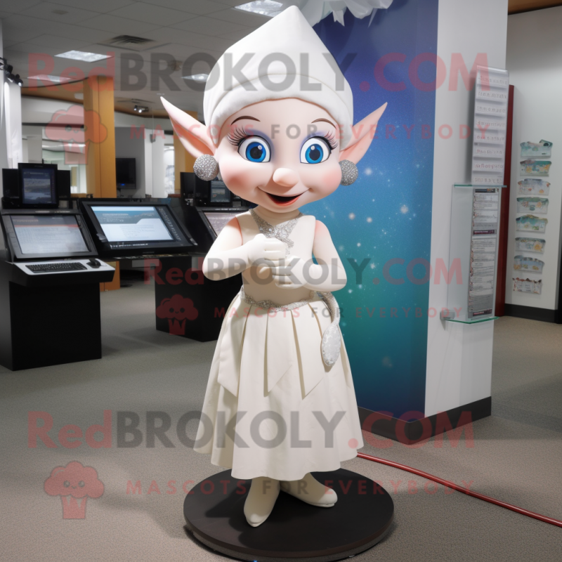 White Elf mascot costume character dressed with a Pencil Skirt and Earrings White Elf mascot costume character dressed with a Pencil Skirt and Earrings