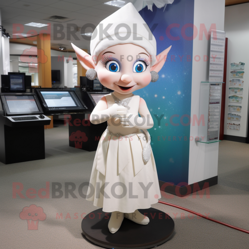 White Elf mascot costume character dressed with a Pencil Skirt and Earrings