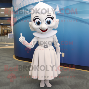 White Elf mascot costume character dressed with a Pencil Skirt and Earrings