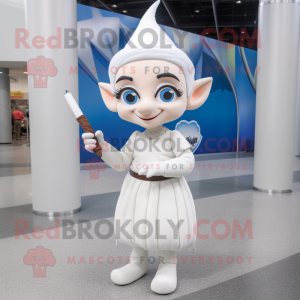 White Elf mascot costume character dressed with a Pencil Skirt and Earrings