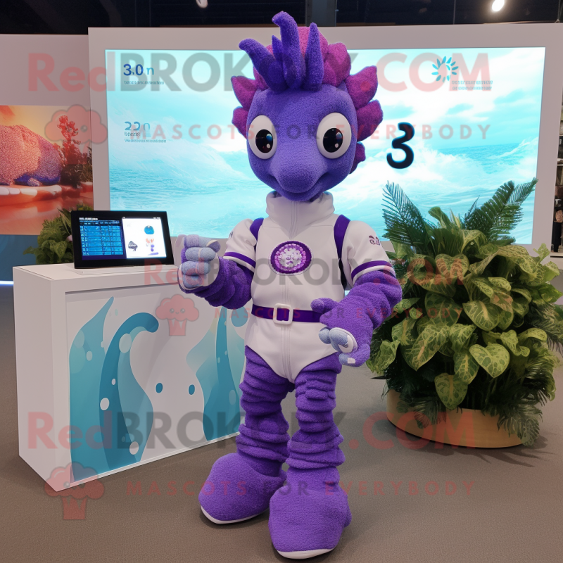 Lavender Seahorse mascot costume character dressed with a Romper and Digital watches