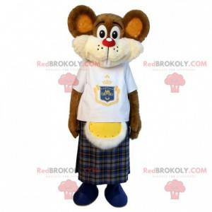 Mascot ratón marrón con falda escocesa. Mascota de roedor -
