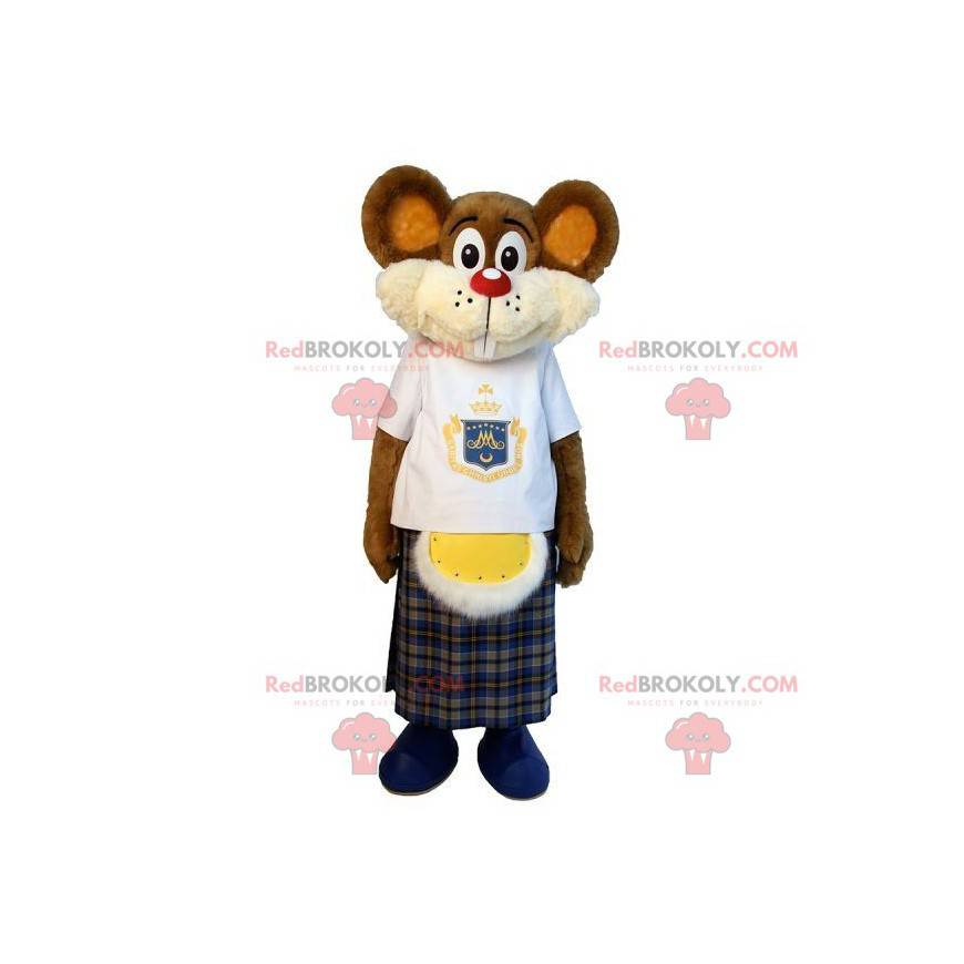 Mascot ratón marrón con falda escocesa. Mascota de roedor -