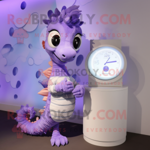 Lavender Seahorse mascot costume character dressed with a Romper and Digital watches