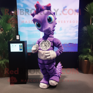 Lavender Seahorse mascot costume character dressed with a Romper and Digital watches