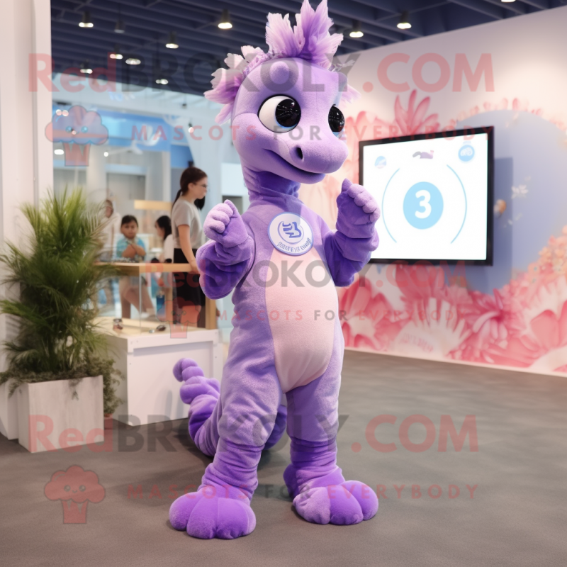 Lavender Seahorse mascot costume character dressed with a Romper and Digital watches Lavender Seahorse mascot costume character dressed with a Romper and Digital watches
