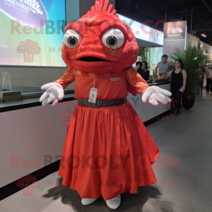Red Fish Tacos mascot costume character dressed with a Pleated Skirt and Bracelet watches