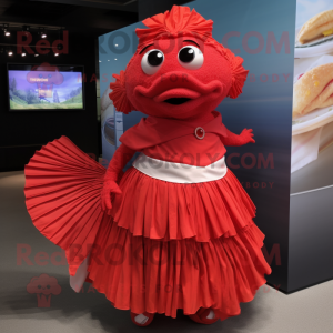 Red Fish Tacos mascot costume character dressed with a Pleated Skirt and Bracelet watches