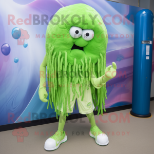 Lime Green Jellyfish mascot costume character dressed with a Board Shorts and Rings