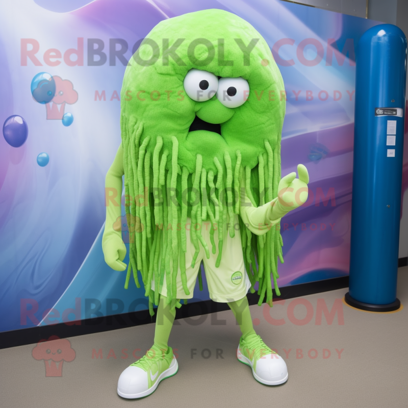 Lime Green Jellyfish mascot costume character dressed with a Board Shorts and Rings Lime Green Jellyfish mascot costume character dressed with a Board Shorts and Rings