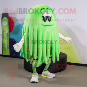 Lime Green Jellyfish mascot costume character dressed with a Board Shorts and Rings