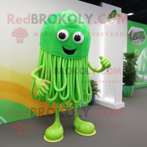 Lime Green Jellyfish mascot costume character dressed with a Board Shorts and Rings