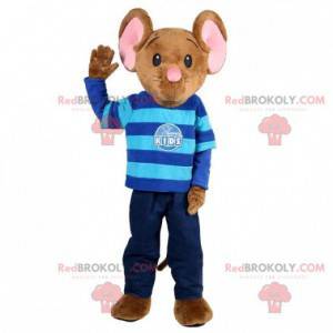 Braunes und rosa Mausmaskottchen mit einem blauen Outfit -