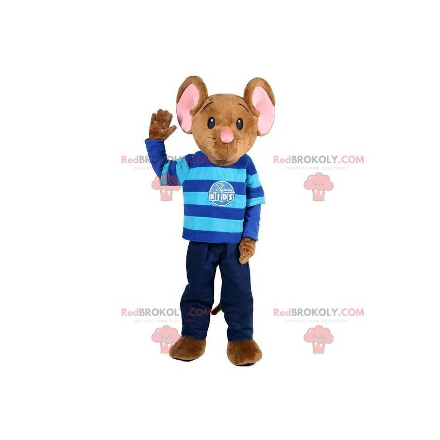 Mascota del ratón marrón y rosa con un traje azul -