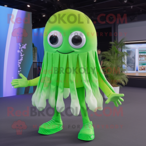 Lime Green Jellyfish mascot costume character dressed with a Board Shorts and Rings