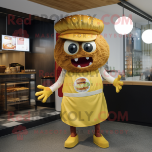 Gold Burgers mascot costume character dressed with a Dungarees and Shawls