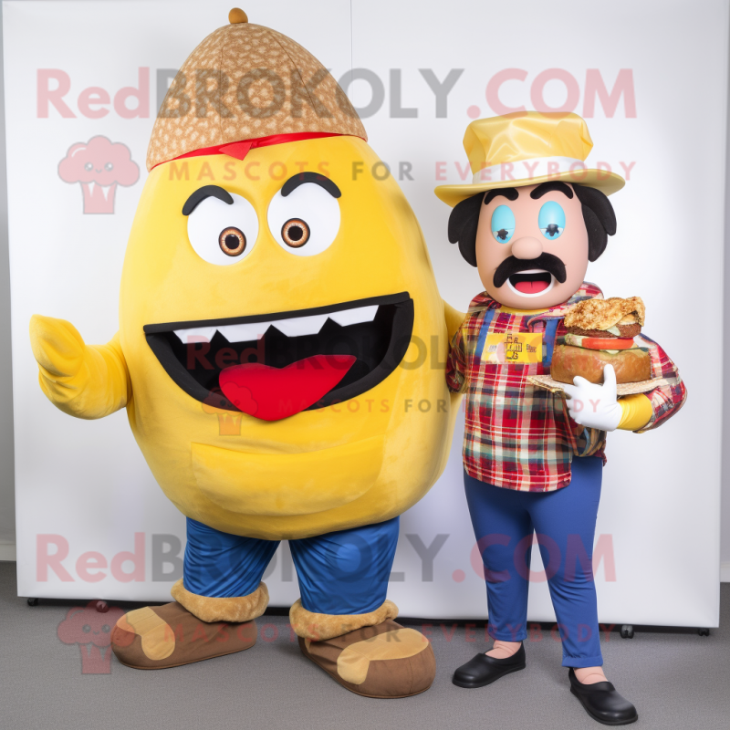 Gold Burgers mascot costume character dressed with a Dungarees and Shawls Gold Burgers mascot costume character dressed with a Dungarees and Shawls