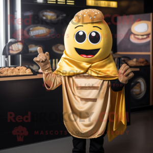 Gold Burgers mascot costume character dressed with a Dungarees and Shawls