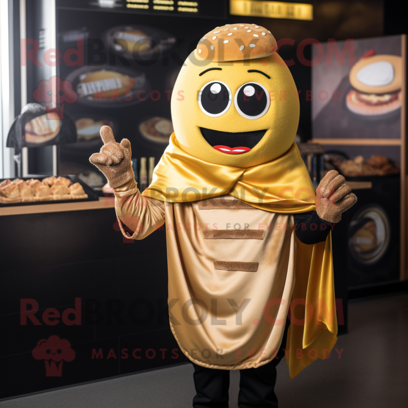 Gold Burgers mascot costume character dressed with a Dungarees and Shawls Gold Burgers mascot costume character dressed with a Dungarees and Shawls