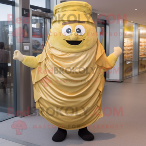 Gold Burgers mascot costume character dressed with a Dungarees and Shawls