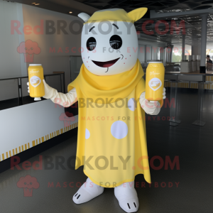 Yellow Bottle Of Milk mascot costume character dressed with a Overalls and Shawls