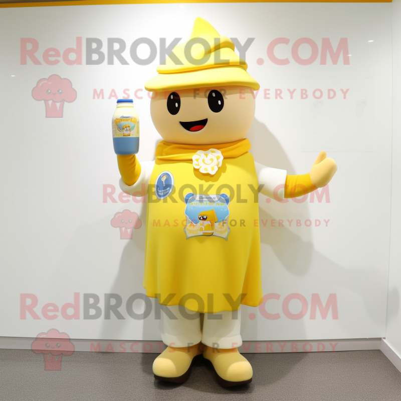 Yellow Bottle Of Milk mascot costume character dressed with a Overalls and Shawls Yellow Bottle Of Milk mascot costume character dressed with a Overalls and Shawls