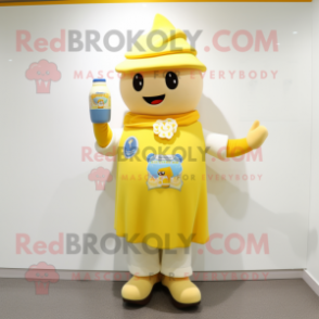 Yellow Bottle Of Milk mascot costume character dressed with a Overalls and Shawls