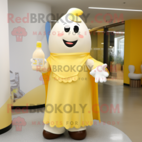 Yellow Bottle Of Milk mascot costume character dressed with a Overalls and Shawls