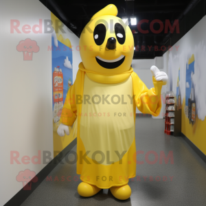 Yellow Bottle Of Milk mascot costume character dressed with a Overalls and Shawls