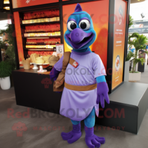 Lavender Tandoori Chicken mascot costume character dressed with a Turtleneck and Messenger bags